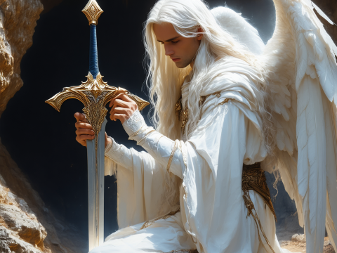 angel examining a sword