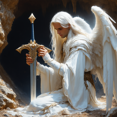 angel examining a sword